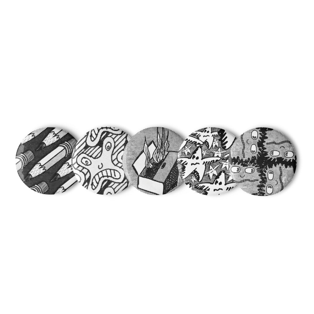 "Pixelton Pin Button Collection #1" by ELT! - Set of 5 pin buttons